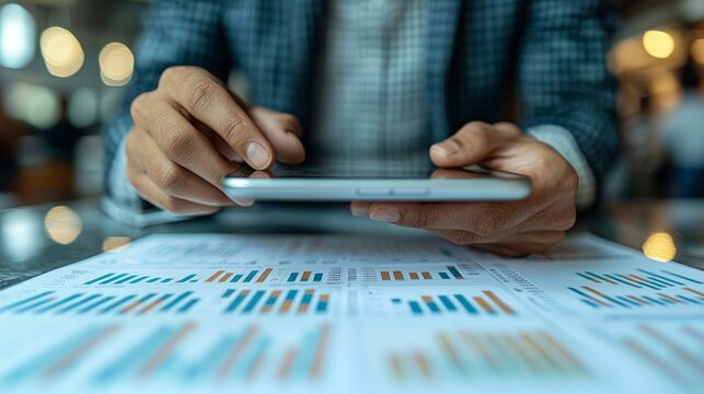 A person using a tablet to analyze data, focusing on business strategies, smart decisions, modern technology, detailed scene, strategic approach