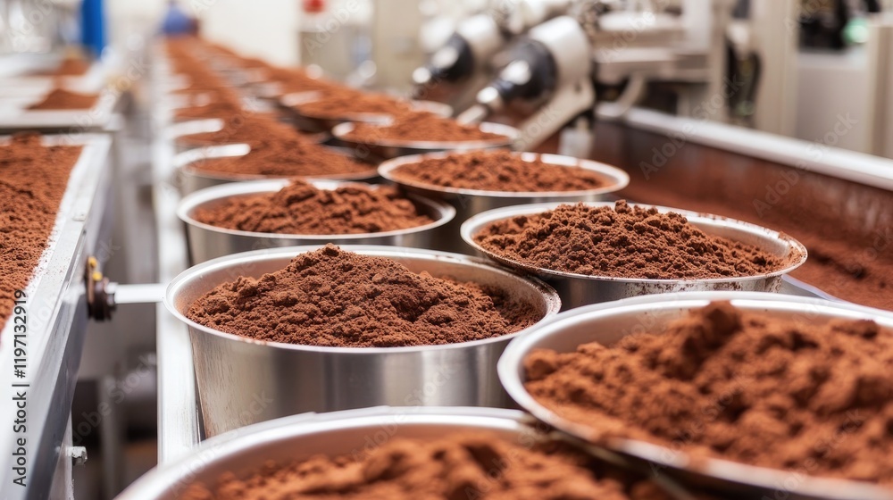 Poster An industrial production line with containers of cocoa powder in a factory, showcasing the automated processes involved in the production of cocoa products
