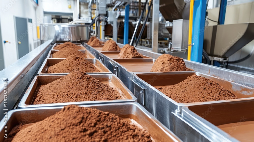 Poster An industrial production line with containers of cocoa powder in a factory, showcasing the automated processes involved in the production of cocoa products