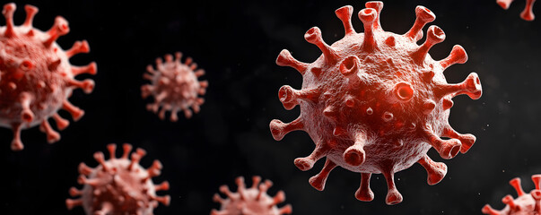  A close-up illustration of virus particles, showcasing their intricate structure against a dark background, emphasizing the microscopic details.