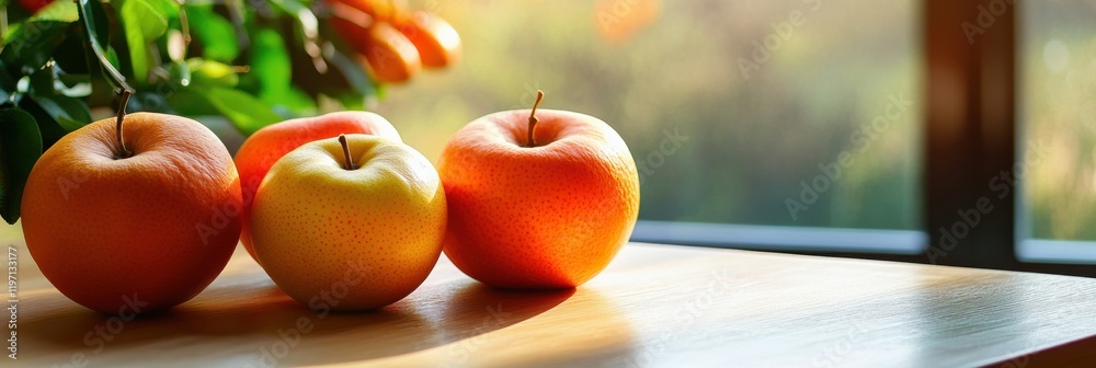 Poster Fresh apples on a wooden countertop with soft sunlight illuminating the space for text and creating a warm atmosphere. Generative AI