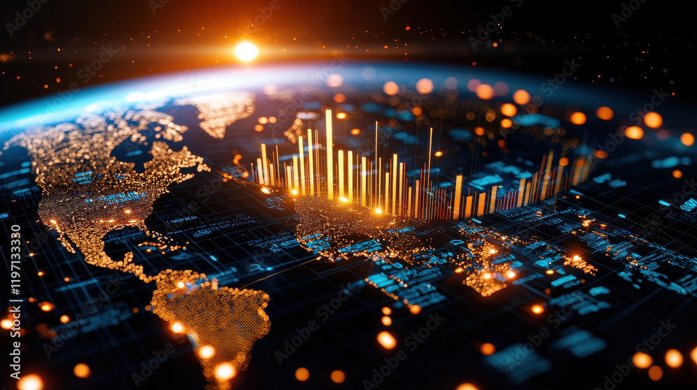 Leinwandbilder global trade analytics visualization with glowing data points and graphs, showcasing futuristic pers