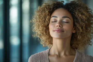 Happy entrepreneur with eyes closed taking deep breath in office hallway. Generative AI