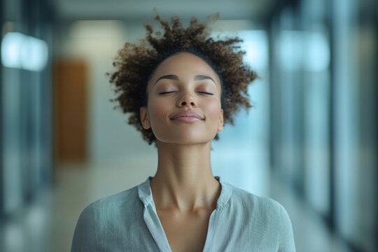 Happy entrepreneur with eyes closed taking deep breath in office hallway. Generative AI