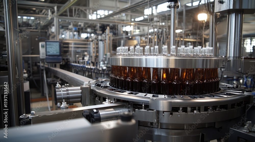 Poster bottles moving through a beverage filling machine in a bottling plant, showcasing the efficient prod
