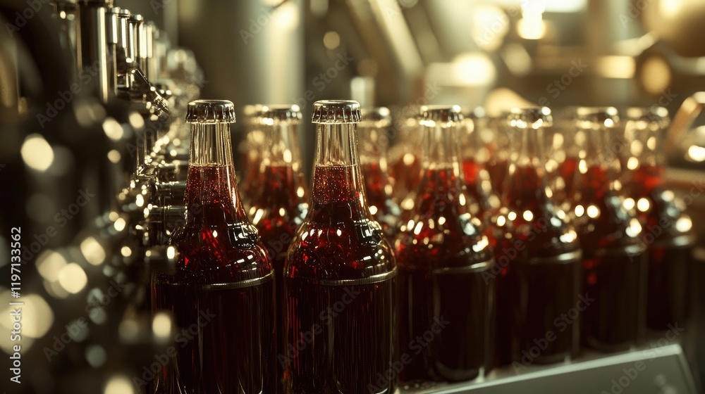 Poster bottles traveling through a beverage filling machine in a bottling plant, symbolizing the precision 