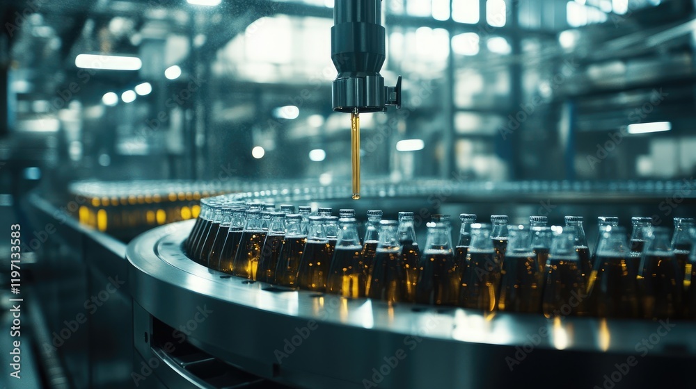 Poster bottles traveling through a beverage filling machine in a bottling plant, symbolizing the precision 