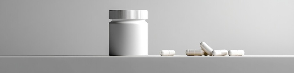 Minimalist scene featuring white container and scattered capsule