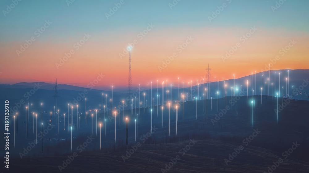 Poster Cell tower network extending across a remote landscape, with waves of signals radiating from each tower, showcasing the vast reach of mobile connectivity