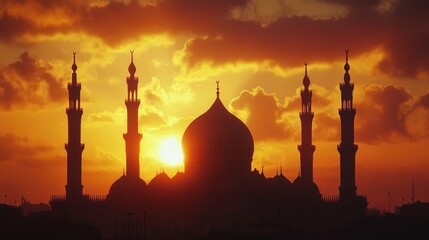 Majestic Mosque Silhouette At Sunset Golden Sky