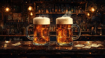 Cozy irish pub with frothy beer mugs on rustic bar for celebration and relaxation