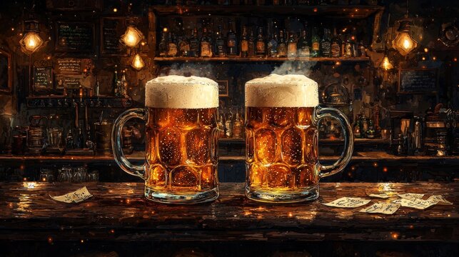 Cozy irish pub with frothy beer mugs on rustic bar for celebration and relaxation