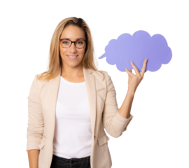 Young smiling business woman holding paper cloud isolated over transparent background. PNG transparent.