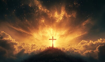 Cross on the hill - symbol of crucifixion of Jesus Christ. On beautiful sunset background.