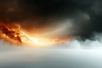 Naklejka premium Dramatic sunset with clouds and mist over a calm landscape at twilight