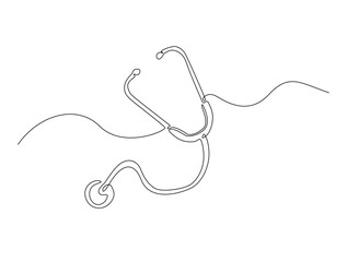 Continuous line art drawing of stethoscope - Medical equipment. Stethoscope single line art drawing vector illustration. Editable stroke.