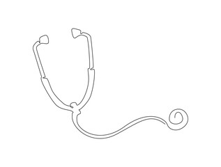 Continuous line art drawing of stethoscope - Medical equipment. Stethoscope single line art drawing vector illustration. Editable stroke.