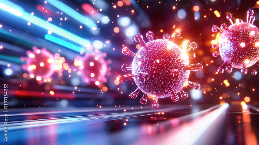 Poster 3d illustration of colorful virus particles in dynamic environment, showcasing nanotechnology and mo