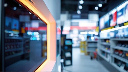 Fototapeta premium Modern electronics store interior showcasing vibrant displays and products with blurred background
