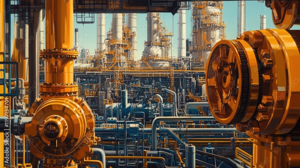 Poster close-up of an oil pump in the foreground, with pipelines and industrial structures stretching into 