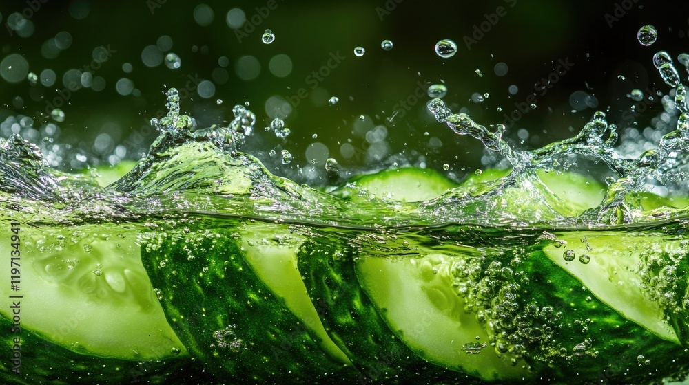 Aufkleber close-up of fresh cucumber slices splashing into water, emphasizing their vibrant green color and te