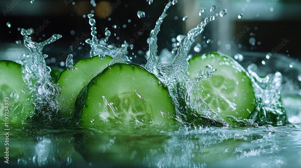 Poster Close-up of fresh cucumber slices splashing into water, emphasizing their vibrant green color and texture, perfect for health and wellness-themed designs