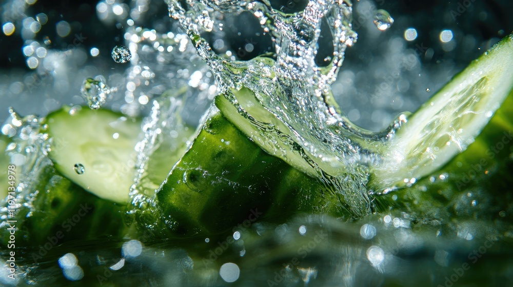 Poster Close-up of fresh cucumber slices splashing into water, emphasizing their vibrant green color and texture, perfect for health and wellness-themed designs