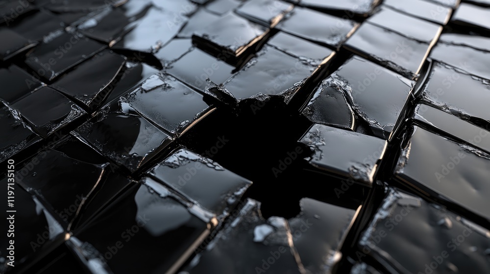 Poster close-up of glossy black ceramic bricks, broken by a mysterious black hole that disrupts the surface