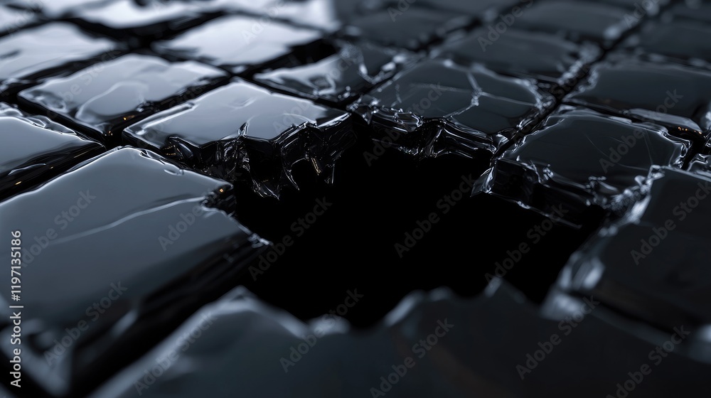 Poster close-up of glossy black ceramic bricks, broken by a mysterious black hole that disrupts the surface