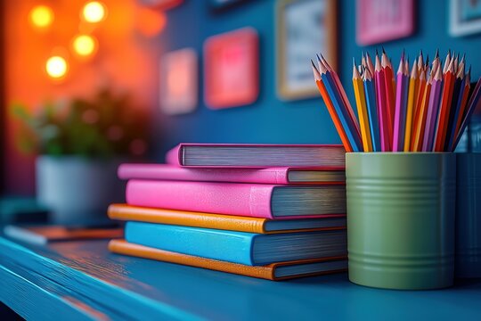 Colorful books and pencils on a blue desk. A cozy study atmosphere.
