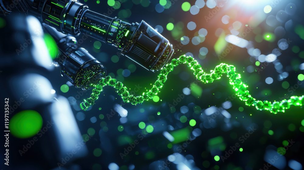 Poster detailed rendering of nanobots interacting with dna, showcasing advanced technology and vibrant gree