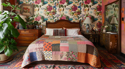 A cozy eclectic bedroom with a patchwork quilt on the bed, bold floral wallpaper, mismatched bedside tables, and a colorful vintage rug grounding the space.