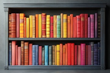 Naklejka premium Colorful books fill a dark wooden bookshelf, creating a vibrant display of literature.