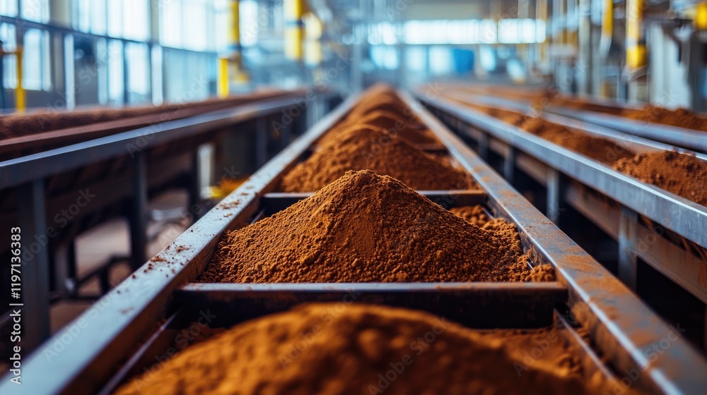 Poster Containers of cocoa powder moving along an industrial production line in a factory setting, emphasizing the scale and precision of manufacturing cocoa products