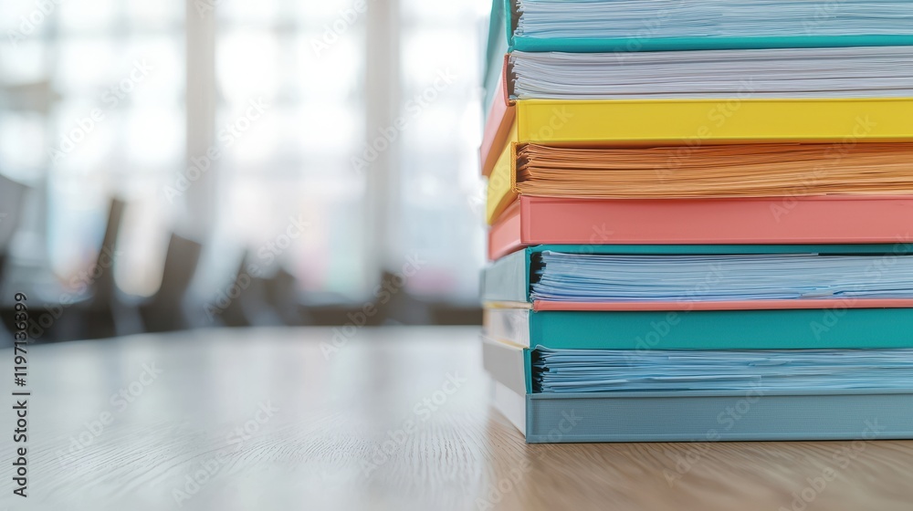 Poster Stack of colorful files sitting on a desk in an office, enhancing workflow organization