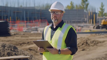 Obraz premium A construction foreman in a neon safety vest and hard hat, holding a radio and standing in front of a large construction vehicle, Construction site scene