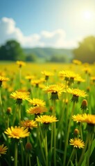 Fototapeta premium Sunlit field, hundreds of yellow dandelions blooming , beautiful, field