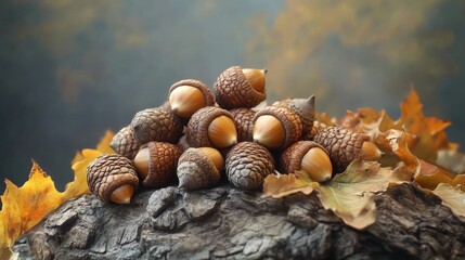 Fototapeta premium Acorn pile, autumn leaves, wood background.