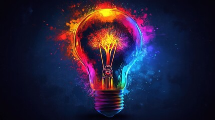 Vibrant lightbulb with tree of life inside, colorful paint splatters, abstract concept art.