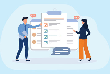 Team collaboration concept, Two professionals reviewing and discussing a checklist on a clipboard.
 Business, teamwork, and task management illustration in a modern, flat design style.