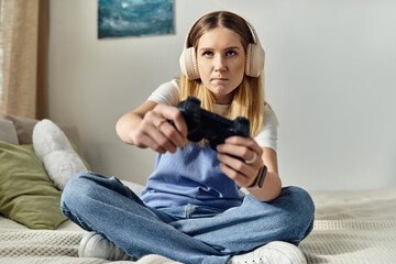 A pretty teenage girl sits cross-legged on her bed, fully focused on gaming, wearing headphones. © LIGHTFIELD STUDIOS