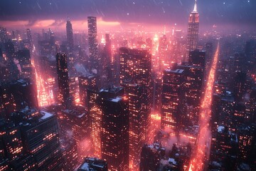 Obraz premium Cityscape at night, rain falling, warm lights glowing.