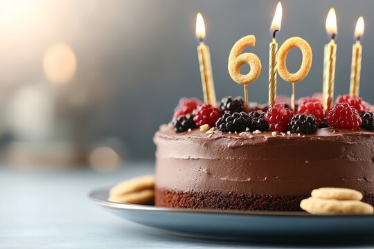 Celebrating a 60th birthday with a chocolate cake adorned with berries and candles in a cozy setting - Powered by Adobe