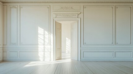 Fototapeta premium A bright, minimalist room with smooth white walls and doorway. ai generated