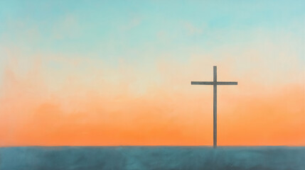 An inspiring depiction of a simple wooden cross standing against a serene dawn sky