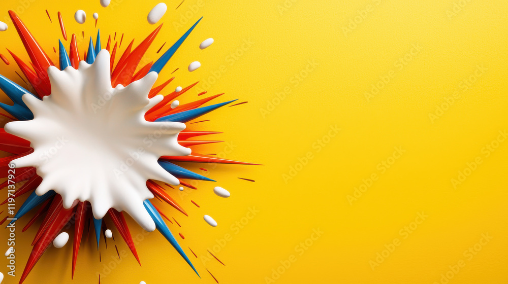 Poster vibrant pop art inspired design featuring splash of white liquid surrounded by red and blue spikes against bright yellow background, creating dynamic visual impact