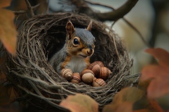 Squirrel in nest with many nuts and branches.