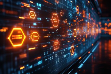 Obraz premium Futuristic digital interface with glowing hexagons and data streams. Abstract technology background.