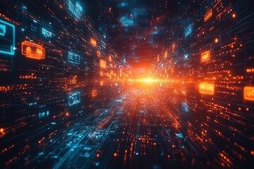 Digital data stream flowing through a futuristic tunnel, glowing with vibrant colors.