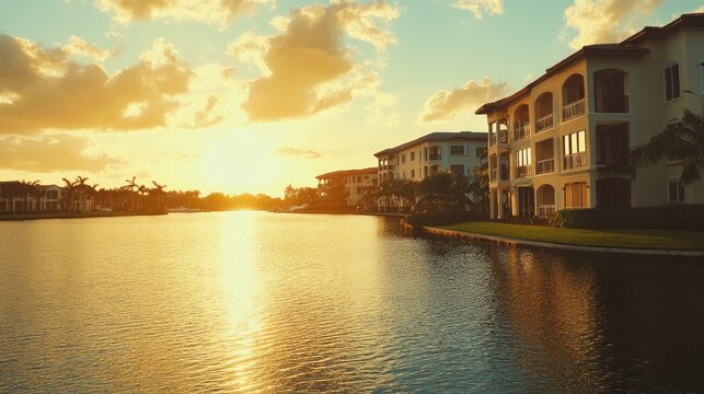 Golden Sunset over Luxurious Waterfront Condominiums